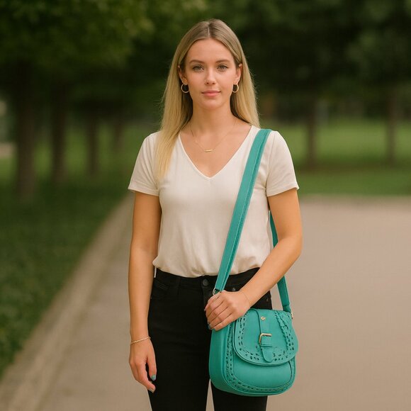 NEW Vegan Leather Turquoise Hollow Out - Picture 2 of 7